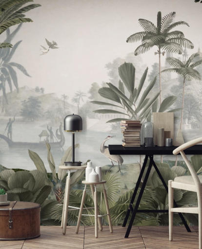 mural de papel pintado de jungla verde frondosa con leopardos llamado Green Leopard Landscape de Sir Edward para dormitorios y pasillos