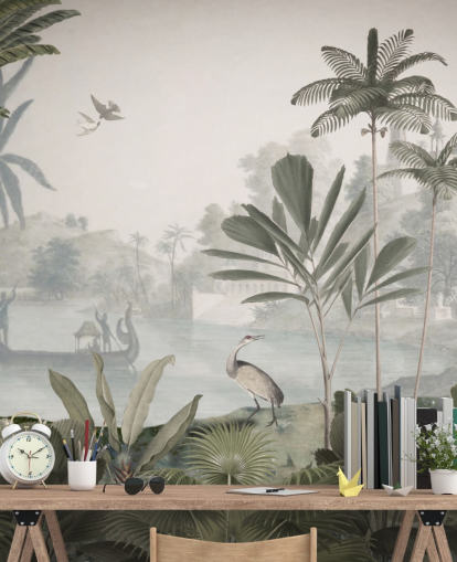 løvgrønn jungel med leoparder tapetmaleri kalt Green Leopard Landscape av Sir Edward for soverom og ganger løvgrønn jungel med leoparder tapetmaleri kalt Green Leopard Landscape av Sir Edward for soverom og ganger