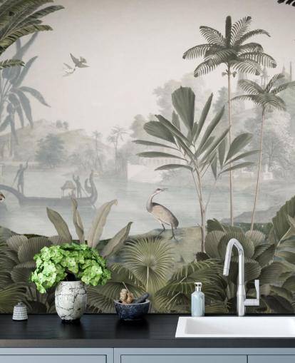 papier peint sur une jungle verte feuillue avec des léopards appelé Green Leopard Landscape par Sir Edward pour les chambres et les couloirs