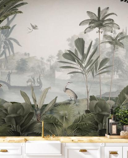 leafy green jungle with leopards wallpaper mural called Green Leopard Landscape by Sir Edward for bedrooms and hallways