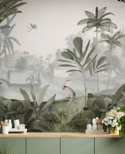 papier peint sur une jungle verte feuillue avec des léopards appelé Green Leopard Landscape par Sir Edward pour les chambres et les couloirs