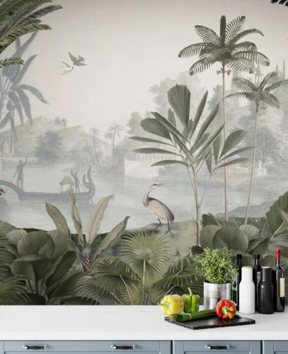 mural de papel pintado de jungla verde frondosa con leopardos llamado Green Leopard Landscape de Sir Edward para dormitorios y pasillos