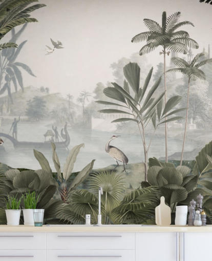 murale di carta da parati con giungla verde frondosa con leopardi chiamato Green Leopard Landscape di Sir Edward per camere da letto e corridoi