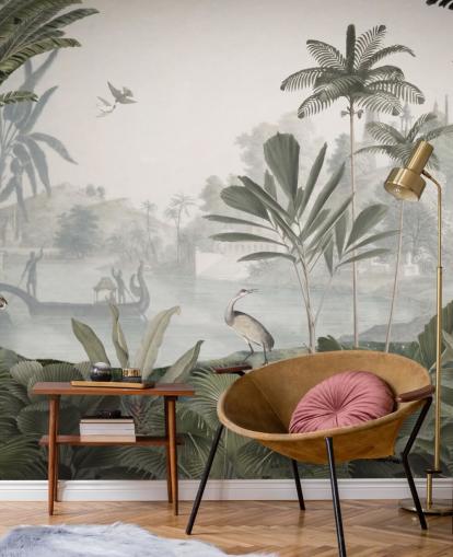 leafy green jungle with leopards wallpaper mural called Green Leopard Landscape by Sir Edward for bedrooms and hallways