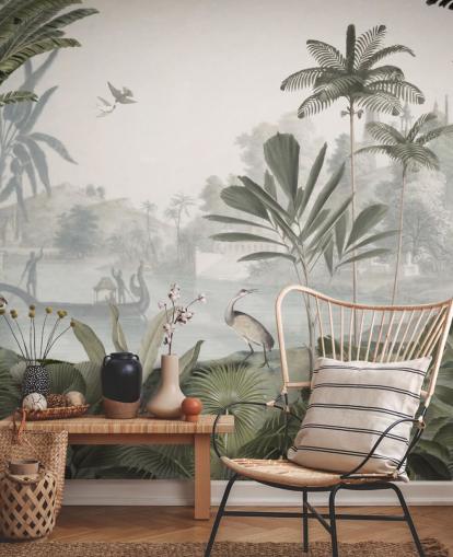 murale di carta da parati con giungla verde frondosa con leopardi chiamato Green Leopard Landscape di Sir Edward per camere da letto e corridoi