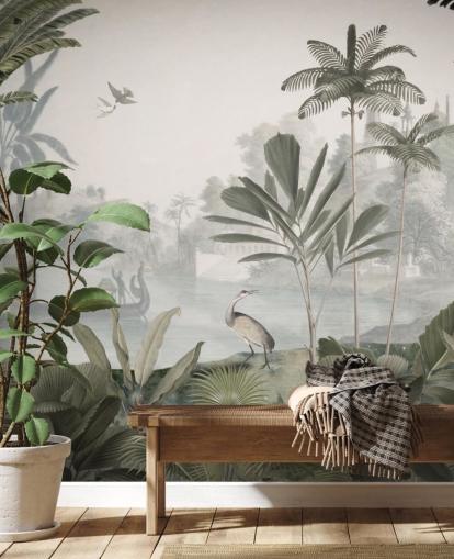 lommerrijke groene jungle met luipaarden behangmuurschildering genaamd Green Leopard Landscape van Sir Edward voor slaapkamers en gangen