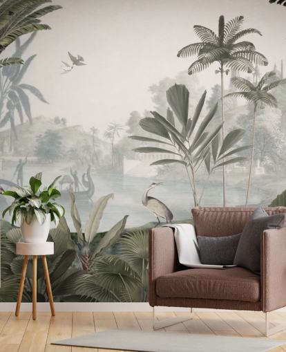 lommerrijke groene jungle met luipaarden behangmuurschildering genaamd Green Leopard Landscape van Sir Edward voor slaapkamers en gangen