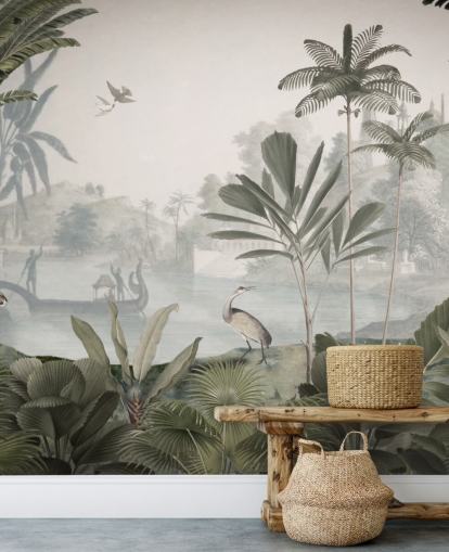 mural de papel pintado de jungla verde frondosa con leopardos llamado Green Leopard Landscape de Sir Edward para dormitorios y pasillos