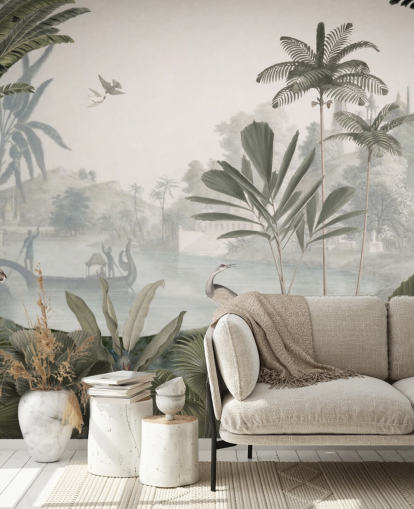 murale di carta da parati con giungla verde frondosa con leopardi chiamato Green Leopard Landscape di Sir Edward per camere da letto e corridoi