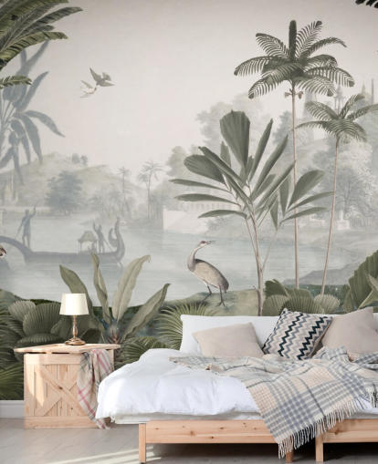 leafy green jungle with leopards wallpaper mural called Green Leopard Landscape by Sir Edward for bedrooms and hallways