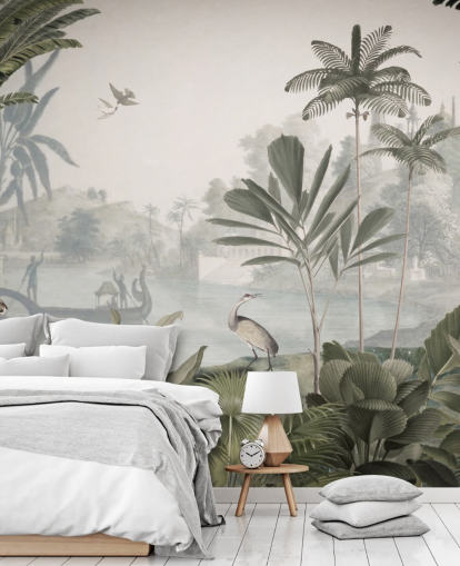 lommerrijke groene jungle met luipaarden behangmuurschildering genaamd Green Leopard Landscape van Sir Edward voor slaapkamers en gangen