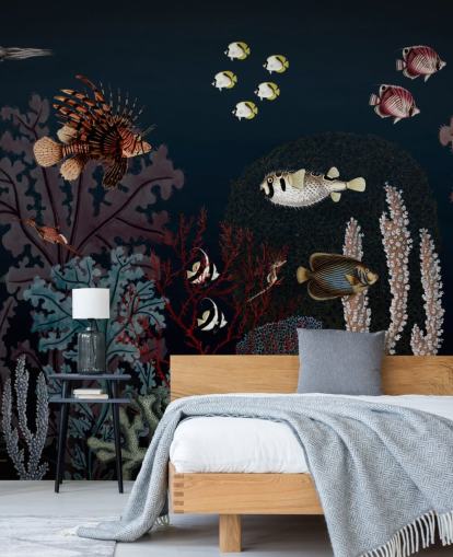 recife de coral muito escuro e peixe ilustração vintage papel de parede