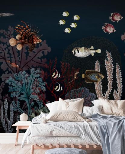 very dark coral reef and fish vintage illustration wallpaper