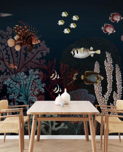 sehr dunkle Korallenriff und Fische Vintage-Illustrationstapete