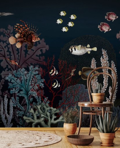 very dark coral reef and fish vintage illustration wallpaper