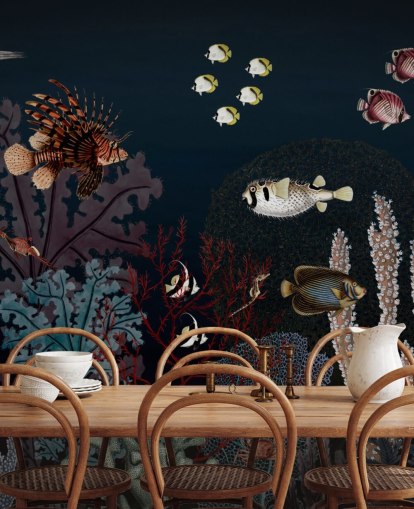 recife de coral muito escuro e peixe ilustração vintage papel de parede