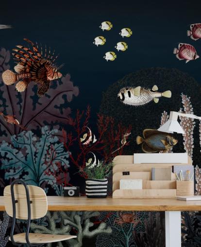 mycket mörkt korallrev och fisk vintage illustration tapet