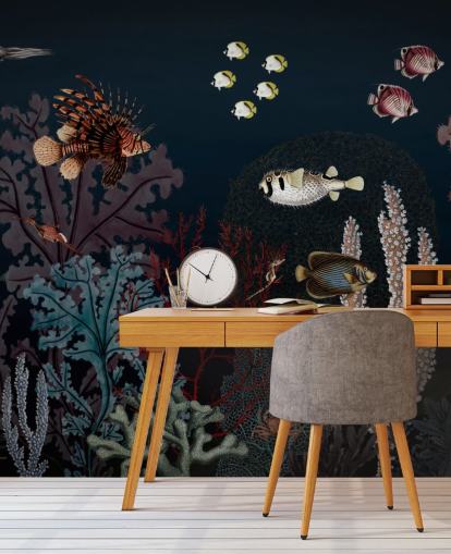 sehr dunkle Korallenriff und Fische Vintage-Illustrationstapete