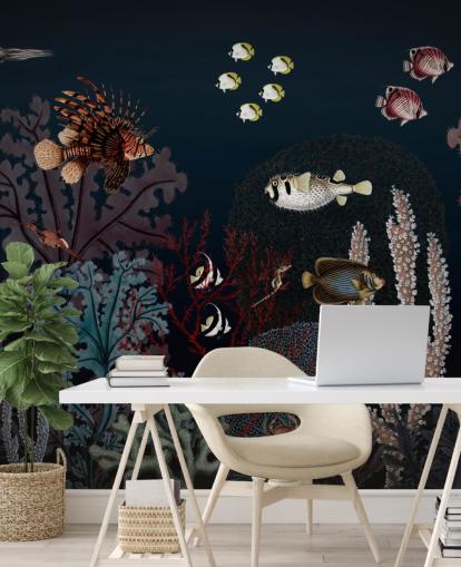 recife de coral muito escuro e peixe ilustração vintage papel de parede