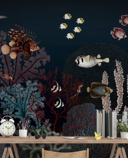 récif corallien très sombre et poisson vintage illustration papier peint