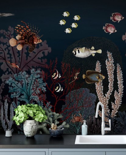 veldig mørkt korallrev og fisk vintage illustrasjon tapet veldig mørkt korallrev og fisk vintage illustrasjon tapet