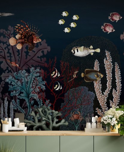 very dark coral reef and fish vintage illustration wallpaper