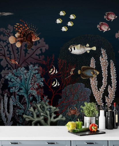 sehr dunkle Korallenriff und Fische Vintage-Illustrationstapete