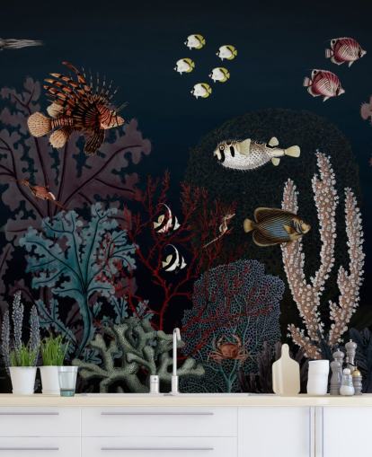 very dark coral reef and fish vintage illustration wallpaper