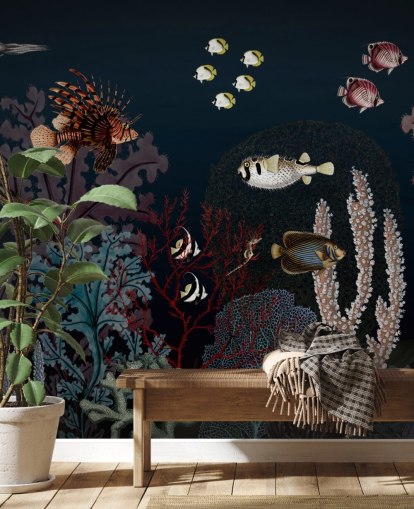 veldig mørkt korallrev og fisk vintage illustrasjon tapet veldig mørkt korallrev og fisk vintage illustrasjon tapet