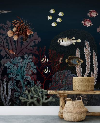 very dark coral reef and fish vintage illustration wallpaper