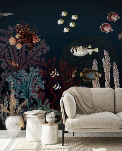 very dark coral reef and fish vintage illustration wallpaper