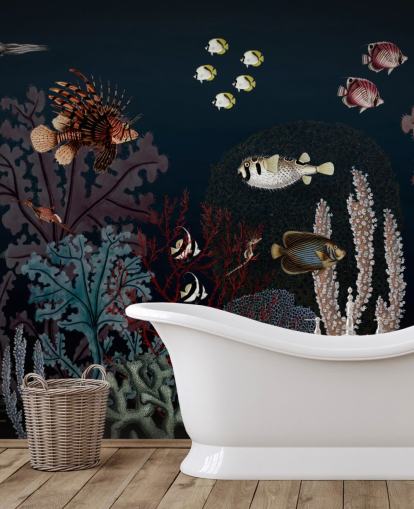 recife de coral muito escuro e peixe ilustração vintage papel de parede