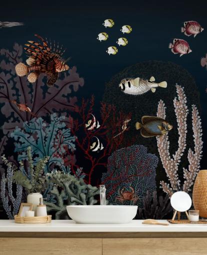 very dark coral reef and fish vintage illustration wallpaper