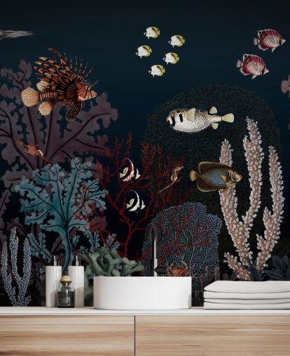 very dark coral reef and fish vintage illustration wallpaper