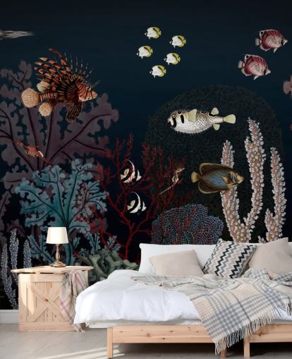 recife de coral muito escuro e peixe ilustração vintage papel de parede