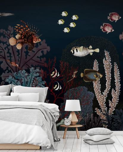 sehr dunkle Korallenriff und Fische Vintage-Illustrationstapete