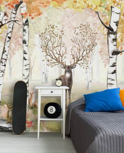 deer with magical antlers in autumnal birch woodland wallpaper