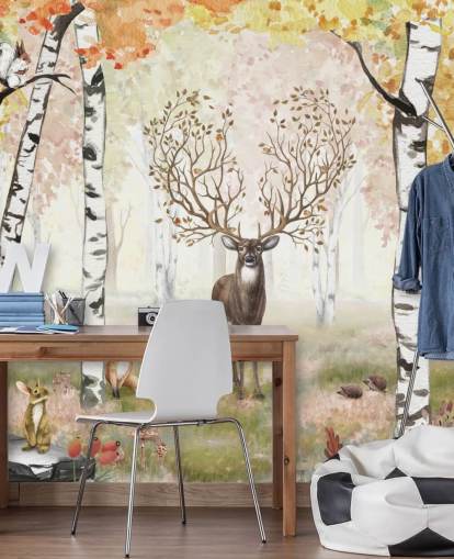 deer with magical antlers in autumnal birch woodland wallpaper