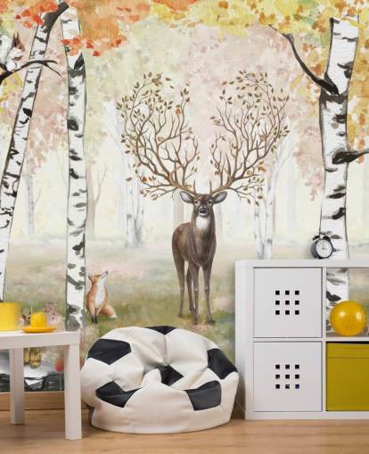 deer with magical antlers in autumnal birch woodland wallpaper