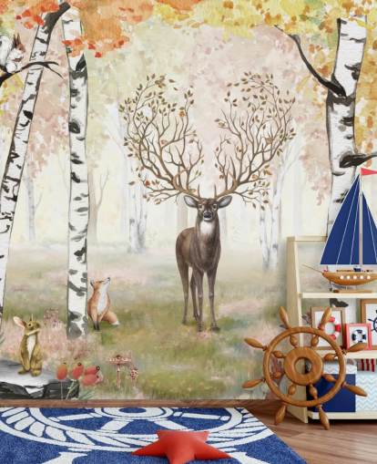 carta da parati autunnale con cervi con corna magiche nel bosco di betulle