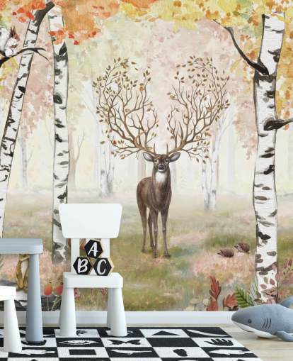 deer with magical antlers in autumnal birch woodland wallpaper