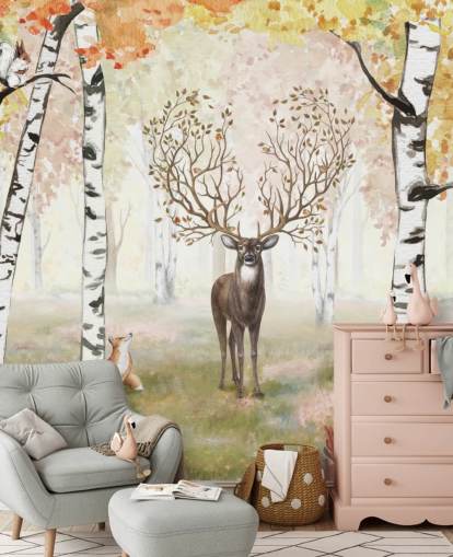 deer with magical antlers in autumnal birch woodland wallpaper deer with magical antlers in autumnal birch woodland wallpaper