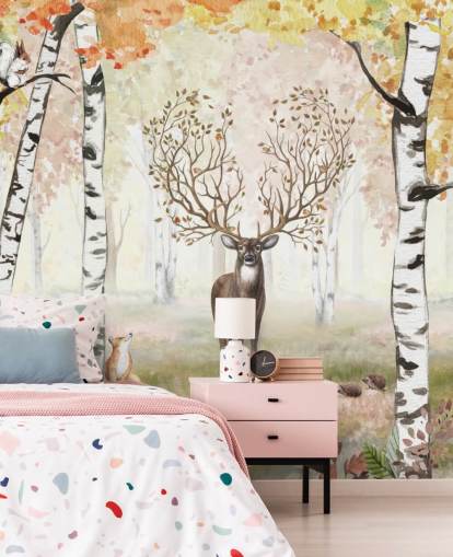 deer with magical antlers in autumnal birch woodland wallpaper deer with magical antlers in autumnal birch woodland wallpaper