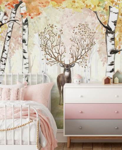 deer with magical antlers in autumnal birch woodland wallpaper