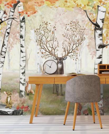deer with magical antlers in autumnal birch woodland wallpaper