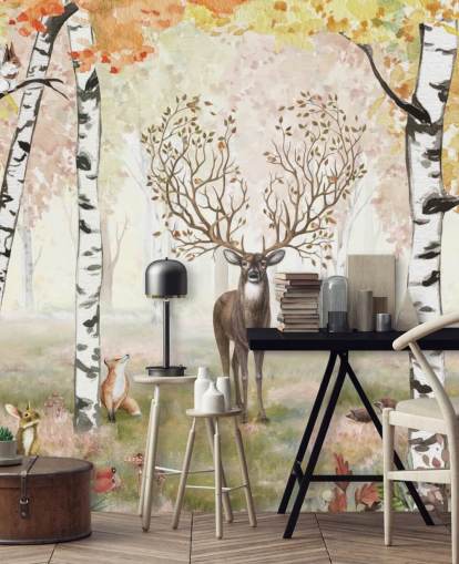 deer with magical antlers in autumnal birch woodland wallpaper