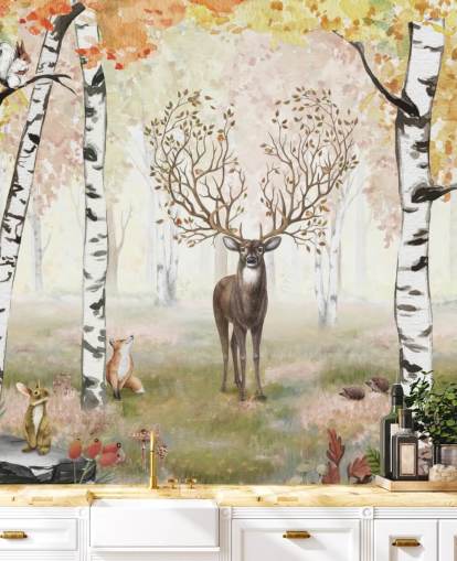 deer with magical antlers in autumnal birch woodland wallpaper
