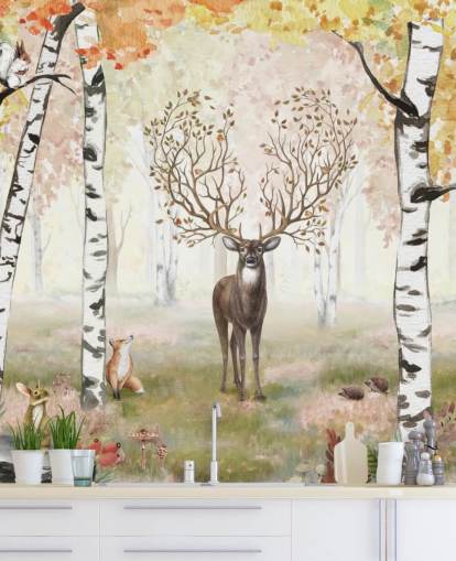 deer with magical antlers in autumnal birch woodland wallpaper