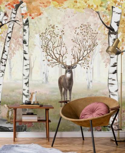 deer with magical antlers in autumnal birch woodland wallpaper deer with magical antlers in autumnal birch woodland wallpaper