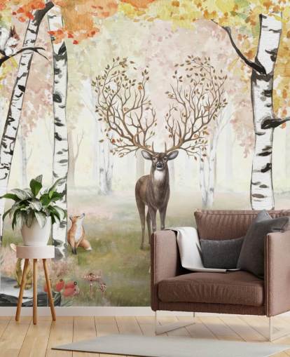 deer with magical antlers in autumnal birch woodland wallpaper deer with magical antlers in autumnal birch woodland wallpaper